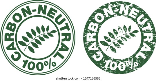 Carbon Neutral 100% Icon Stamp Sign Symbol with Fern Leaves inside; Environment Safe Concept Design