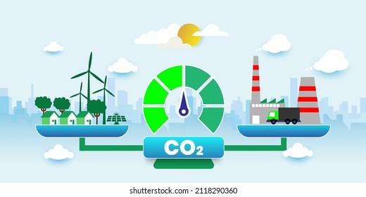 carbon neutral co2 balance concept With icons. Cartoon Vector People Illustration