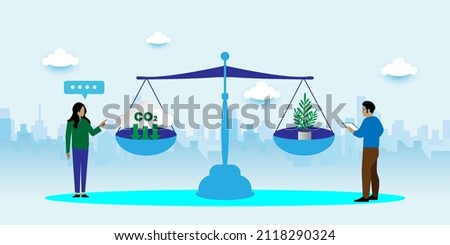 carbon neutral co2 balance concept With icons. Cartoon Vector People Illustration
