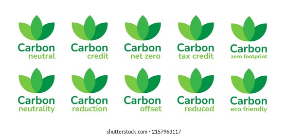 Carbon neutral, CO2 emission reduction concept banner label icon set Stop global warming, zero carbon footprint, carbon credit, greenhouse effect Green eco friendly design elements vector illustration