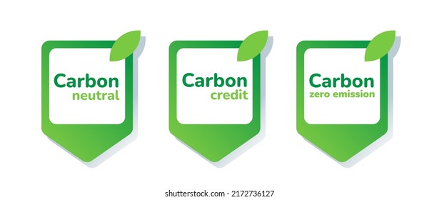 Carbon neutral, carbon credit, carbon zero emission labels icon set isolated on white. CO2 emission reduction concept design elements. Stop global warming, reduce greenhouse effect. Flat vector icons.