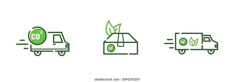 Carbon Neutral Delivery Shipping Trucks, Green Energy Logistics Transport Icon Set, Sustainable Co2 Reduction, Isolated On White Background.