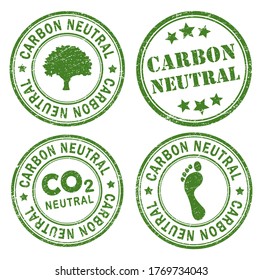 Carbon neutral green round retro style grunge seal set. Vector Illustration image. Isolated on white background. climate change ink rubber stamp. Eco, co2, nature. Ecology logo symbol collection.