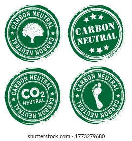 Carbon neutral green round retro style grunge seal set. Vector Illustration image. Isolated on white background. climate change ink rubber stamp. Eco, co2, nature. Ecology logo symbol collection.