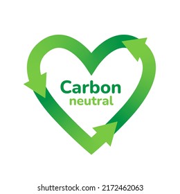 Carbon neutral heart shape arrow icon. CO2 neutral, zero emission concept, stop global warming, greenhouse gas air pollution protection. Eco friendly green recycle symbol sign flat vector illustration