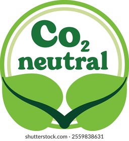 Carbon neutral label logo with two green leaf design and CO2 text inside a circular badge. Stock vector illustration for environmental sustainability and eco friendly concept in flat simple style.