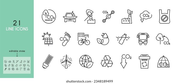 Carbon neutral line icon set. Capture and storage, electric car, molecule, ocean pollution, bicycle, cage, solar panel, rubbish bin, bus, public transport. Outline sing.