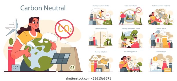 Carbon neutral living set. Environment protection and reduction of carbon footprint. Global strategy to reduce CO2 emissions. Sustainability and pollution free program. Flat vector illustration