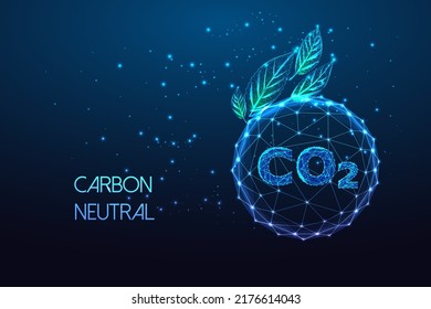 Carbon Neutral, Net Zero Emission Concept With CO2 Inside Of Sphere And Green Leaves On Dark Blue