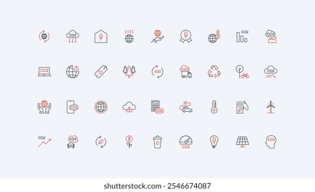 Carbon neutral, net zero, sustainable eco energy production, reduction of consumption line icon set. CO2 pollution decrease, circular economy thin black and red outline symbols vector illustration