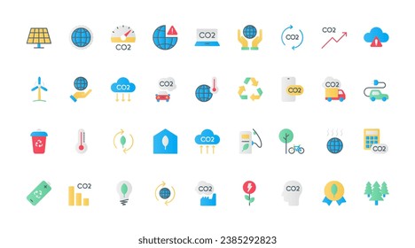 Símbolos neutros y netos nulos de carbono, reducción de la contaminación de gases de efecto invernadero y medio ambiente con energía sostenible ecológica, industria. Iconos planos de emisiones de CO2 establecen la ilustración del vector.
