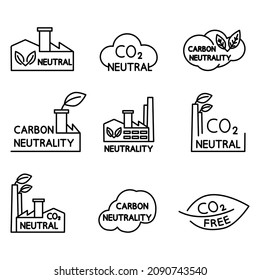 Carbon neutral. Set of CO2 recycling icons. Eco factory symbol. Net zero carbon footprint. No air atmosphere pollution. Editable stroke. Vector