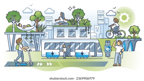 Soluciones neutras en carbono y esquema de CO2 cero neto del entorno urbano. Ciudad con estilo de vida verde e infraestructura sostenible para vehículos eléctricos e ilustración de vectores de transporte público.