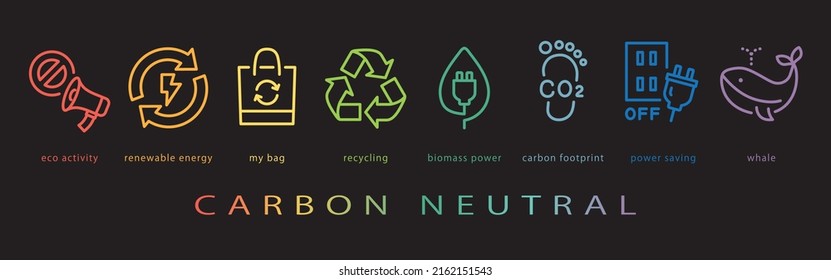 Carbon neutral vector icon set. neon color on black background.