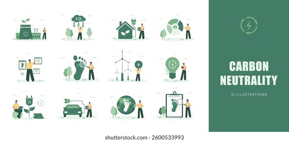 Carbon Neutrality. Energy efficiency in household and industry. Male Characters using alternative energy. Net zero. Set of Vector illustration in flat cartoon style.