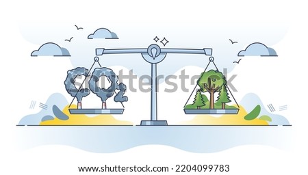 Carbon neutrality and equal CO2 emission balance with nature outline concept. Greenhouse dioxide gases on scales with trees and forests that observes pollution for climate harmony vector illustration.