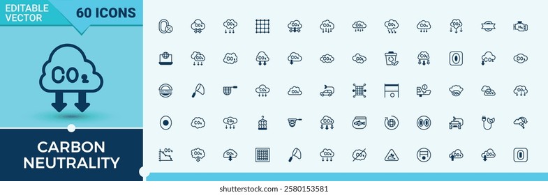 Carbon Neutrality Set of airport line icons. Containing electricity, ecology, car, eco, net, zero, green, change and more. Simple line vector. Vector illustration in modern line style.