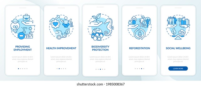 Carbon Offset Benefits Onboarding Mobile App Page Screen With Concepts. Biodiversity Protection Walkthrough 5 Steps Graphic Instructions. UI, UX, GUI Vector Template With Linear Color Illustrations