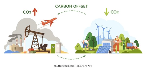 Carbon offset compensation concept. People reduce CO2 pollution from factories. Dioxide balance control, neutral climate strategy or keep atmosphere clean. Net zero emissions, take care of environment