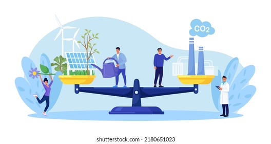 Carbon Offset Compensation To Reduce CO2. Net Zero Emissions And Carbon Dioxide Neutral Balance. Scales With Plants And Factory. People Calculate Emissions From Factories For Zero Environment Strategy