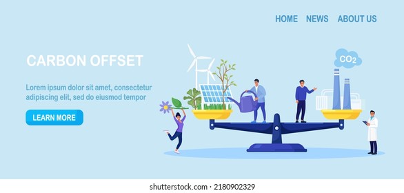 Carbon Offset Compensation To Reduce CO2. Net Zero Emissions And Carbon Dioxide Neutral Balance. Scales With Plants And Factory. People Calculate Emissions From Factories For Zero Environment Strategy