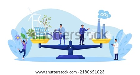 Carbon offset compensation to reduce CO2. Net zero emissions and carbon dioxide neutral balance. Scales with plants and factory. People calculate emissions from factories for zero environment strategy