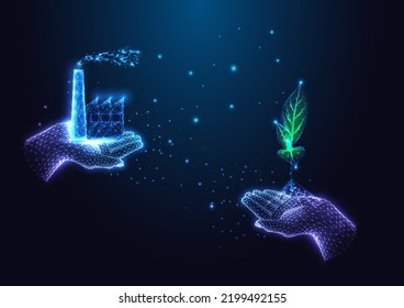 Carbon offset, carbon neutral concept with hands holding factory plant and green sprout on dark blue