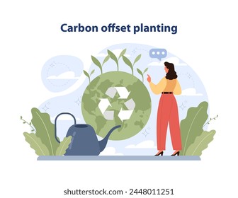 Carbon Offset Planting concept. Woman nurtures Earth with recycling symbol, surrounded by plants. Active role in reducing carbon footprint. Flat vector illustration