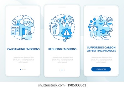 Carbon offset steps onboarding mobile app page screen with concepts. Emissions reduction walkthrough 3 steps graphic instructions. UI, UX, GUI vector template with linear color illustrations