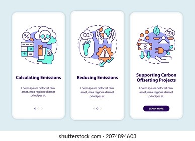 Carbon offsetting steps onboarding mobile app page screen with concepts. Emissions calculation walkthrough 3 steps graphic instructions. UI, UX, GUI vector template with linear color illustrations