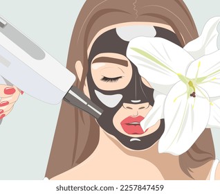 Carbon peeling procedure to beautiful girl in a beauty salon. Hardware cosmetology treatment.A girl with a black mask on her face holds a white lily. illustration.
