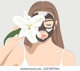 Carbon peeling procedure to beautiful girl in a beauty salon. Hardware cosmetology treatment.A girl with a black mask on her face holds a white lily. illustration.