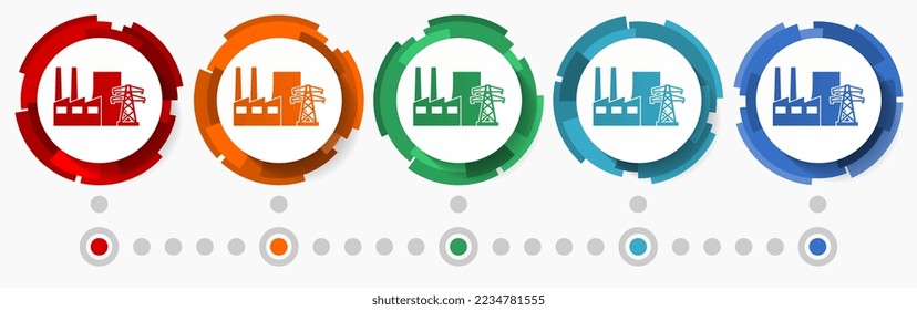 Conjunto de iconos vectores de concepto de planta de energía de carbono, punteros de diseño plano, plantilla de infografía
