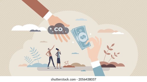 Carbon pricing external costs of greenhouse gas emissions tiny person concept. GHG payment as environmental fee to reduce CO2 vector illustration. Trading system with fossil price vector illustration.