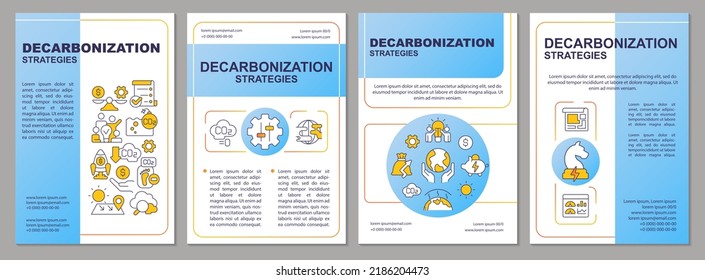 Carbon reducing strategies blue brochure template. Net zero. Leaflet design with linear icons. Editable 4 vector layouts for presentation, annual reports. Arial, Myriad Pro-Regular fonts used