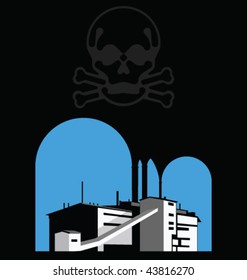 Carbon reduction warning with polluting factory and skull