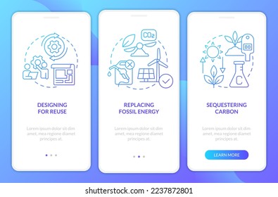 Carbon removal strategies blue gradient onboarding mobile app screen. Clean air walkthrough 3 steps graphic instructions with linear concepts. UI, UX, GUI template. Myriad Pro-Bold, Regular fonts used