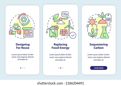 Carbon removal strategies onboarding mobile app screen. Clean air walkthrough 3 steps editable graphic instructions with linear concepts. UI, UX, GUI template. Myriad Pro-Bold, Regular fonts used