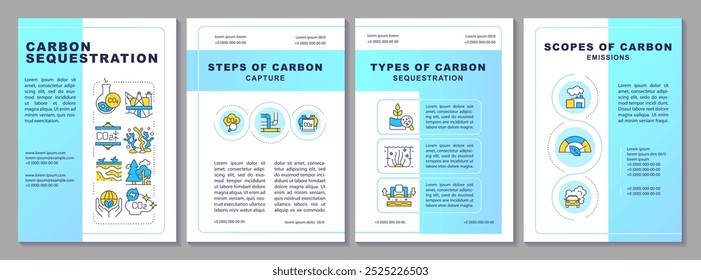 Plantilla de folleto de secuestro de carbono. Emisión de Co2. Diseño de folleto con iconos lineales. 4 diseños de Vector editables para presentación, informes anuales