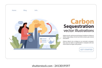 Carbon Sequestration concept. Woman monitors CO2 emissions, nature's role in reducing greenhouse gases. Earth protection. Climate responsibility. Flat vector illustration