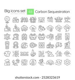 Conjunto de iconos lineales de secuestro de carbono. Conservación de la atmósfera, transporte por tubería. Almacenamiento de Co2. Símbolos de línea delgada personalizables. Ilustraciones de contorno de Vector aislado. Trazo editable