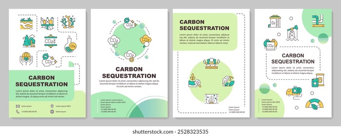 Modelo de brochura do círculo verde da metodologia de sequestro de carbono. Projeto de folheto com ícones lineares. 4 layouts vetoriais editáveis para apresentação, relatórios anuais