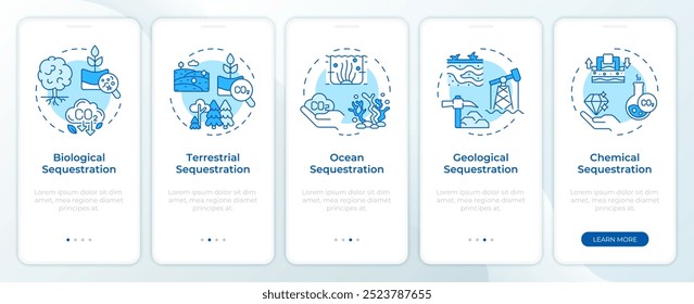 CO2-Sequestrierung Typen blau Onboarding Mobile App-Bildschirm. Exemplarische Vorgehensweisen 5 Schritte bearbeitbare grafische Anweisungen mit linearen Konzepten. UI, UX, GUI-Vorlage