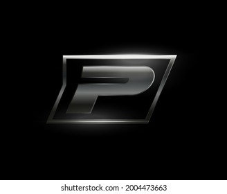 Carbon speed Letter P logo, dark matte metal carbon texture. Drive dynamic steel letter, turbo bold italic chrome logotype for automotive industrial, gym, sport. Vector monogram, emblem