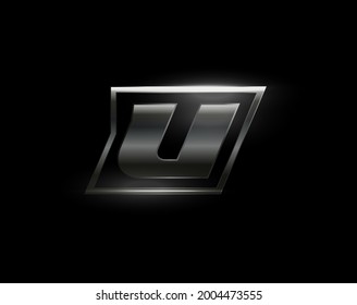 Carbon speed Letter U logo, dark matte metal carbon texture. Drive dynamic steel letter, turbo bold italic chrome logotype for automotive industrial, gym, sport. Vector monogram, emblem
