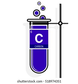 Carbon symbol on label in a violet test tube with holder. Element number 6 of the Periodic Table of the Elements - Chemistry