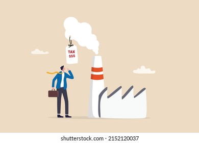 Carbon Tax, CO2 Cost Of Emission Or Pollution, Charged For Global Warming, Climate Change And Environment Responsibility, Businessman Looking At Tax Charged Price Tax On Smoke From Factory Chimney.