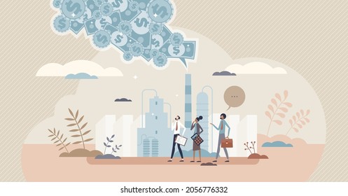 Carbon tax and CO2 emissions environmental price charge tiny person concept. Government payment for burning fossil fuels and make dioxide air pollution vector illustration. Greenhouse gases money flow