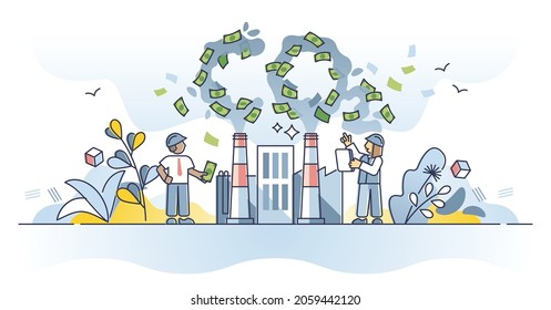 Carbon tax as greenhouse gas charge from burning fossil fuel outline concept. CO2 emissions fee trading and quotas as resource for industrial business vector illustration. Dioxide pollution pricing.