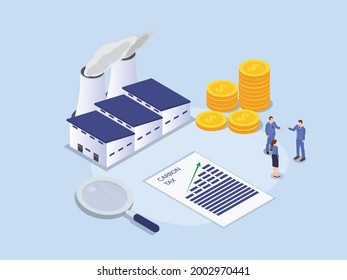 Carbon tax isometric vector concept. Business people discussing carbon tax plan